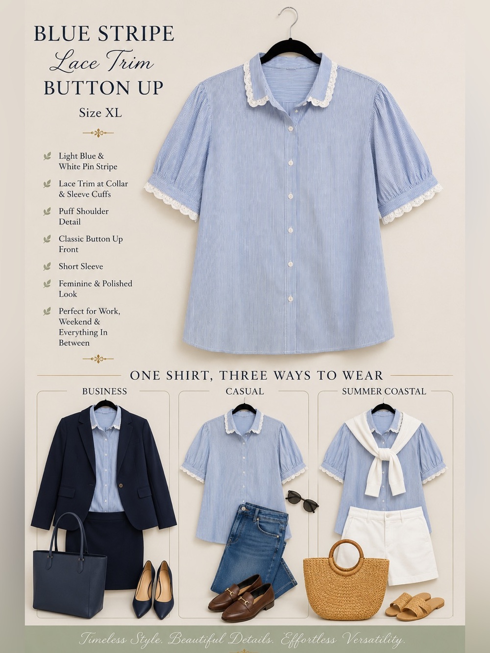 Light Blue & White Pin Stripe Lace-Trim Short Sleeve Button-Up Shirt | Size XL
